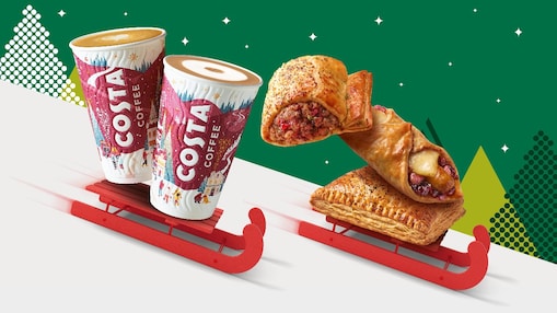 Two Costa Coffee festive hot drinks and three golden pastries displayed on red sledges against a green Christmas-themed background with stars and tree graphics.