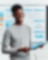 Smiling man holding a blue folder stands in front of graphs and charts