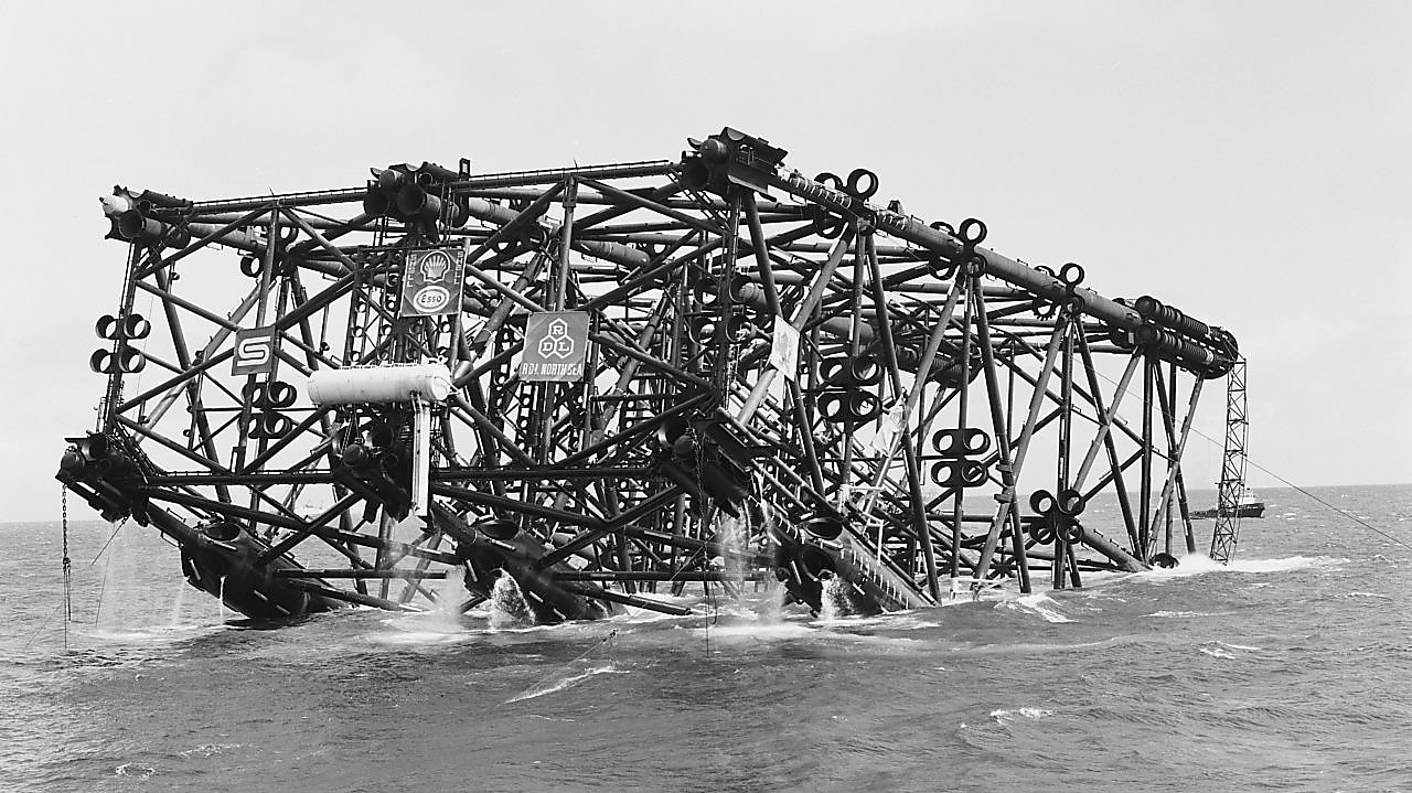 Installation of the jacket gets underway in 1976