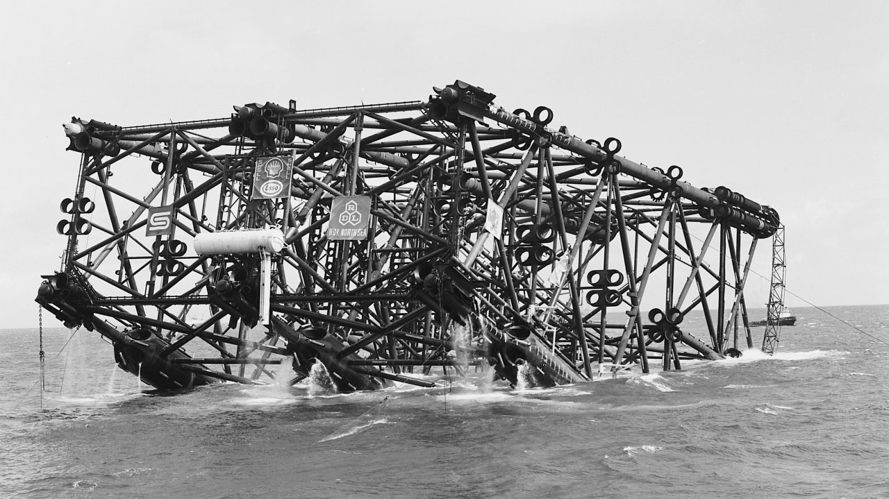 Installation of the jacket gets underway in 1976