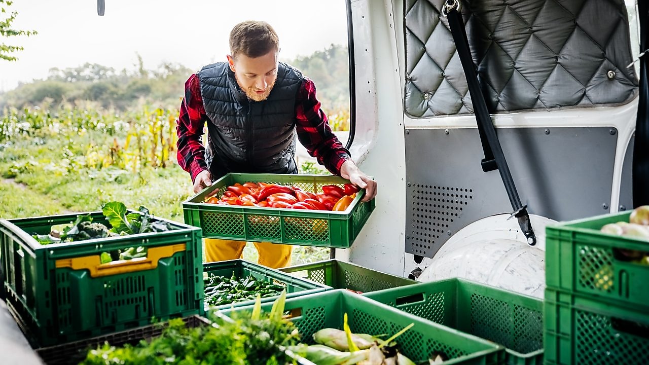 Man loading van with fresh produce