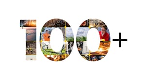 Number one hundred graphic with industrial scenes, representing Shell lubricants available in more than 100 countries worldwide