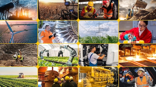 Mosaic of sector relevant images, including scientists, engineers working with metal, farmers in a field, diggers on a construction site and a close up of a stationary gas engine