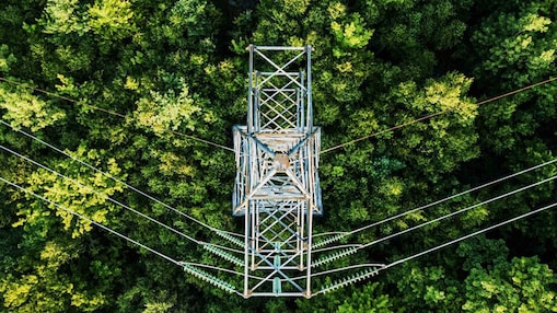 Overhead power transmission tower crossing a forest, illustrating the connection between energy infrastructure and the natural environment
