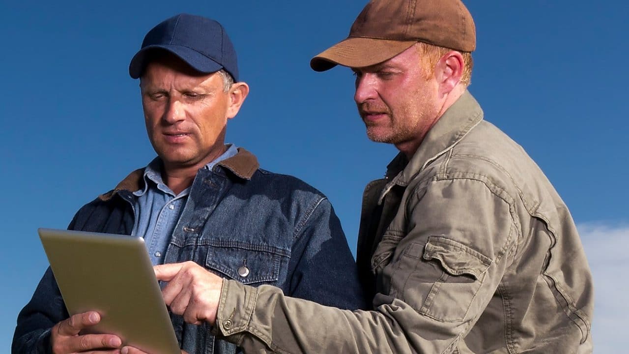 Two farmers looking at a tablet