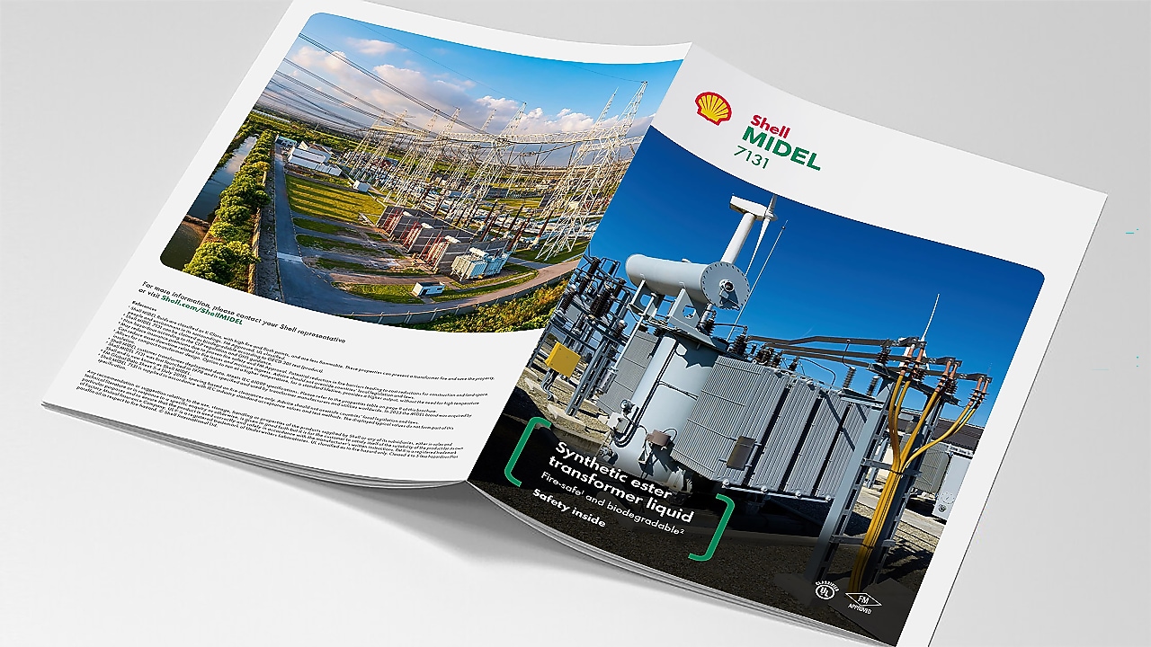 A mock-up of the Shell MIDEL 7131 product brochure open facedown.