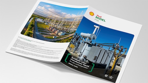 A mock-up of the Shell MIDEL 7131 product brochure open facedown.