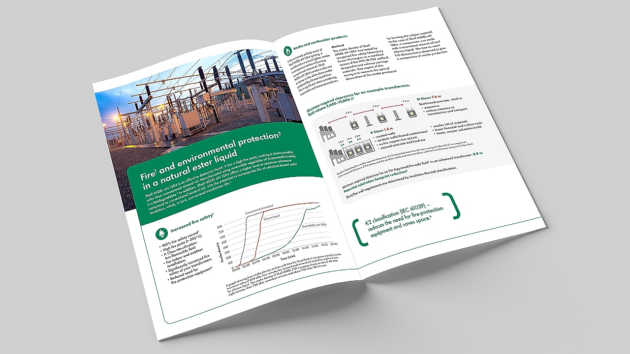 A mock-up of the Shell MIDEL en 1204 product brochure open at a random page.