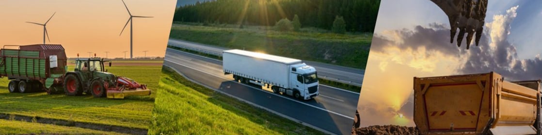Three vertical scenes: a farm with wind turbines, a semi-truck on a highway, and construction machinery at work during sunset.