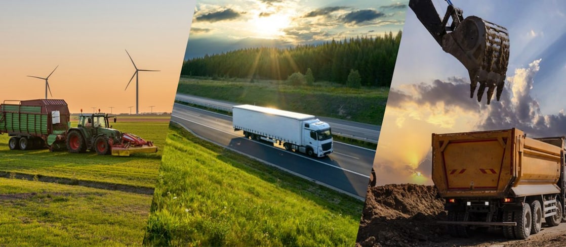 Three vertical scenes: a farm with wind turbines, a semi-truck on a highway, and construction machinery at work during sunset.