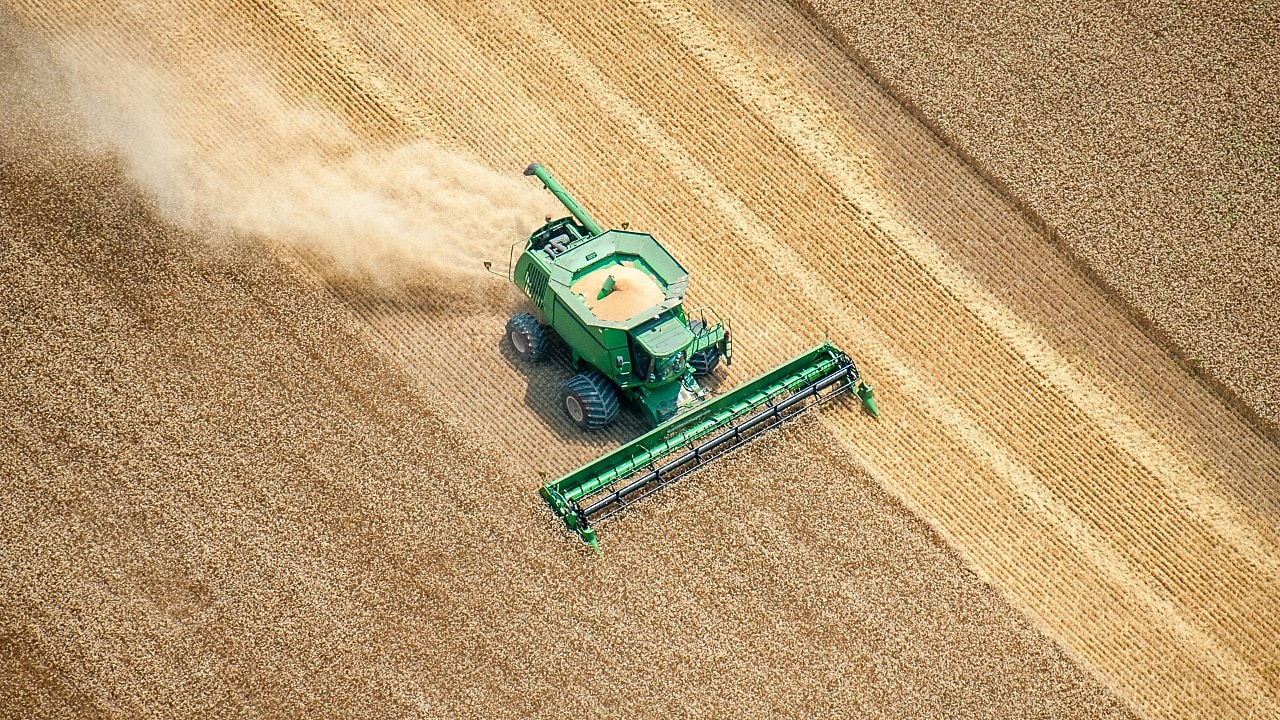 Aerial view of combine harvesting wheat