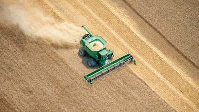 Aerial view of combine harvesting wheat