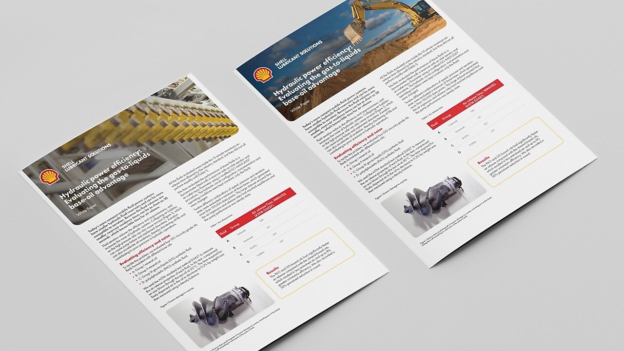 Brochure covers of both mobile and stationary versions of the Shell Tellus S4 VE Whitepaper Energy Efficiency brochure 