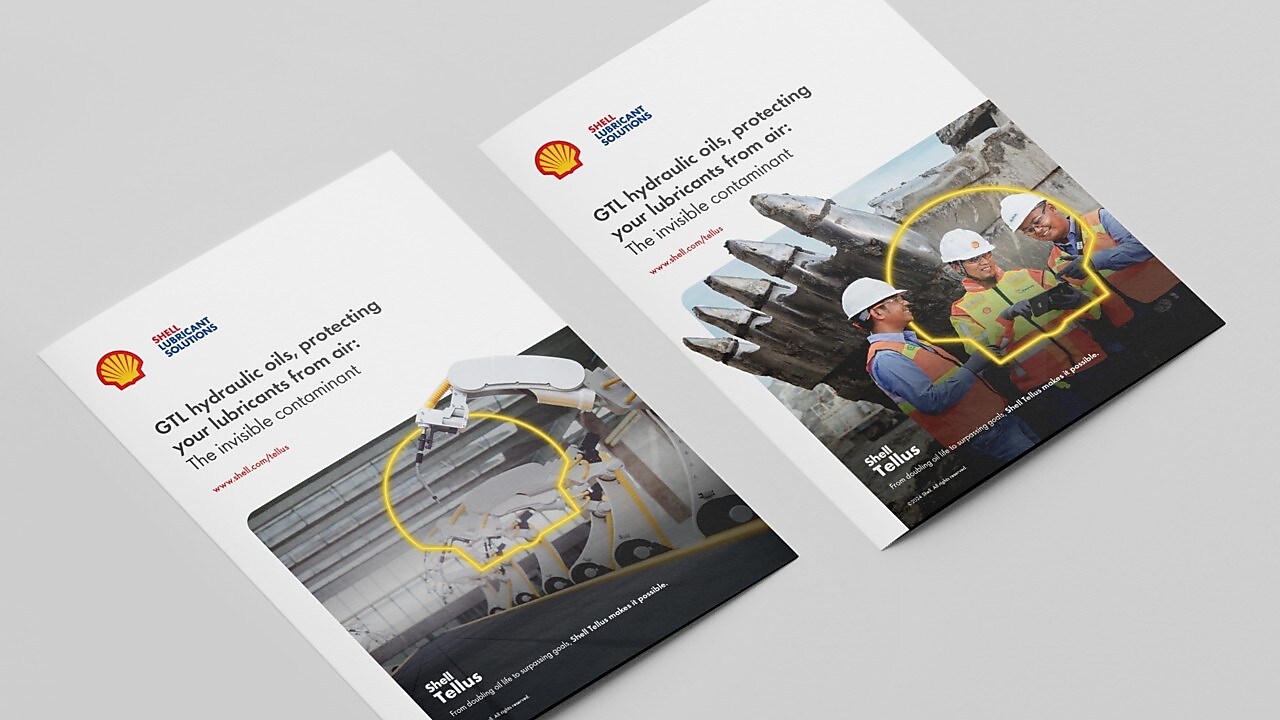 Brochure covers of both mobile and stationary versions of the Shell Tellus S4 VE Whitepaper Air Contamination brochure
