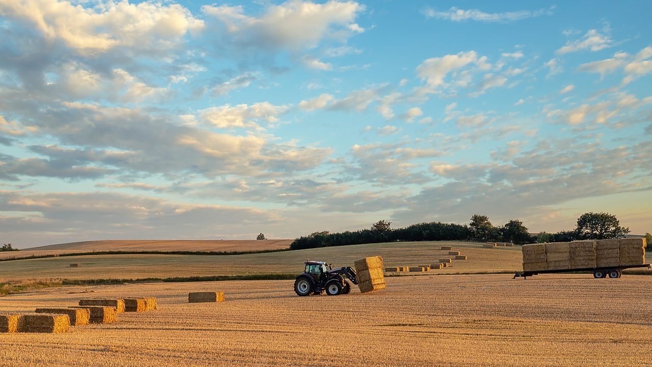 Farmer collecting hale bales with a tractor on his farm