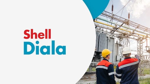 Two workers in safety gear inspect electrical equipment outdoors. The words "Shell Diala" are displayed on the left against a light grey background.