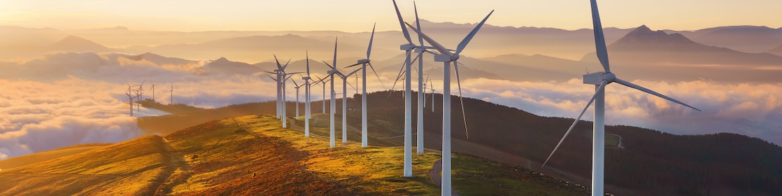 Businessman in office looking at models of wind turbines