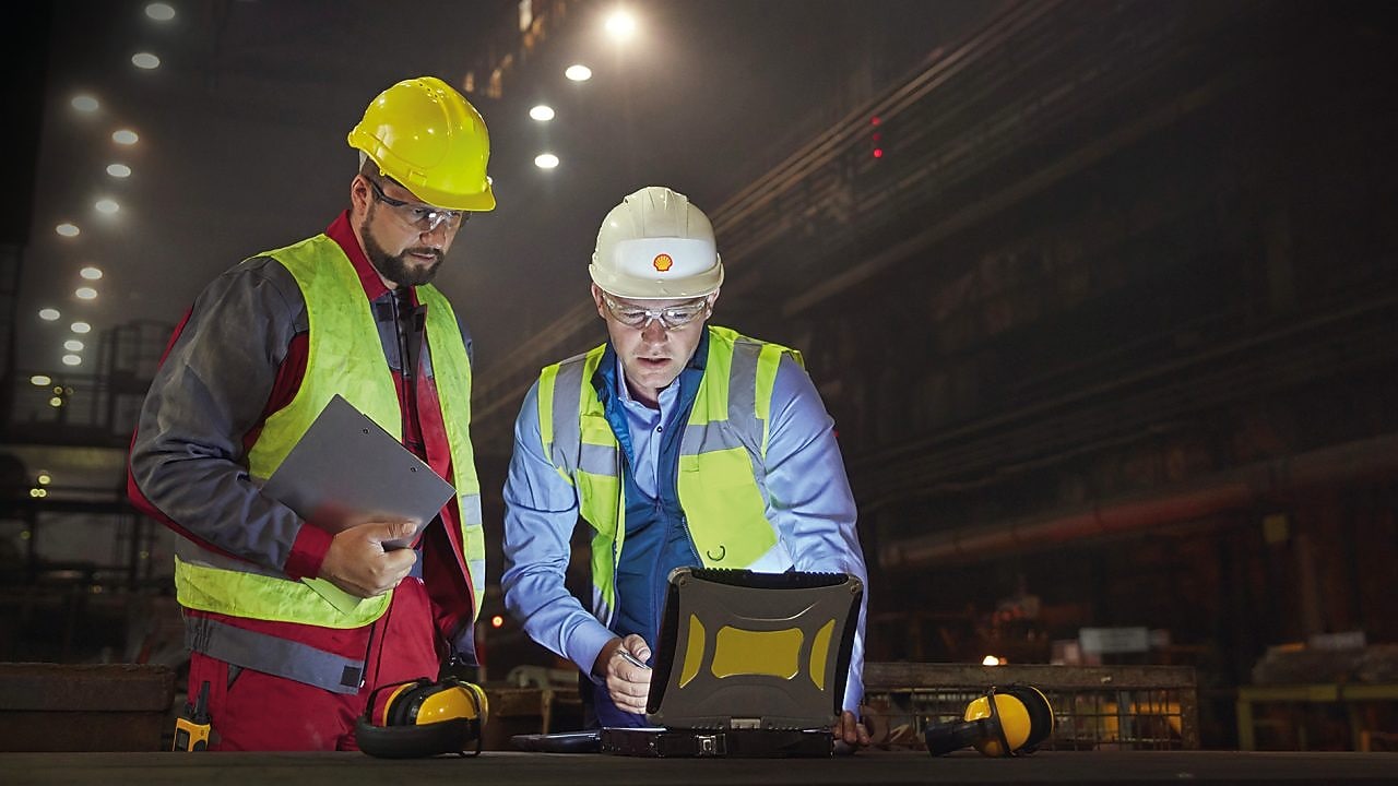 Two engineers looking at screen