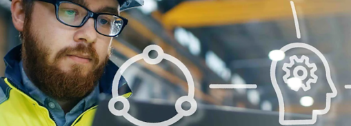 Man looking at 3D icons on a screen