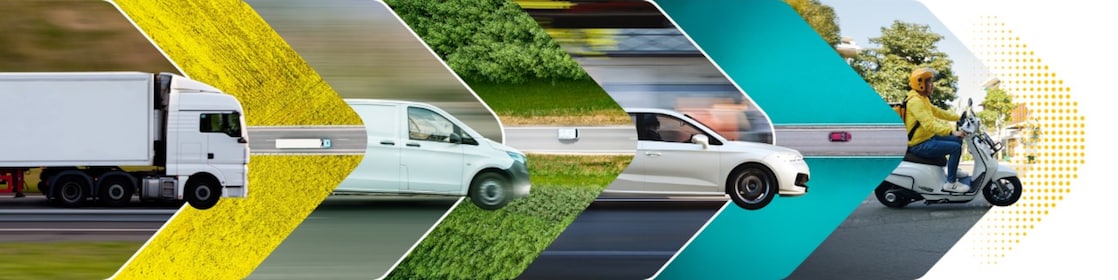 Banner showing a truck, van, car, and scooter across diagonal coloured segments suggesting different transport modes.