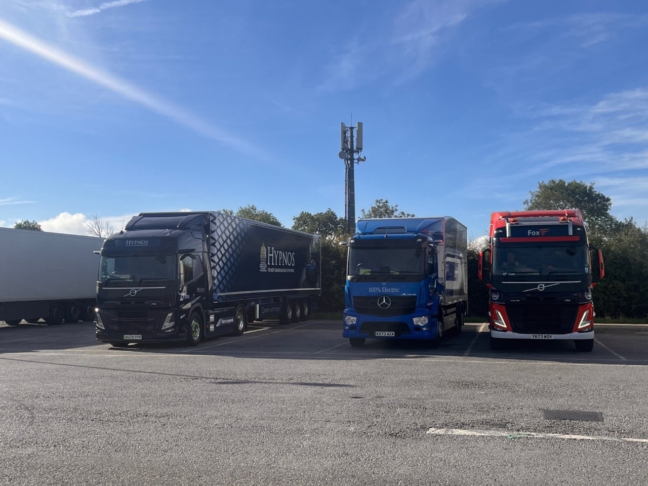 Three heavy goods trucks parked side by side in parking bays.