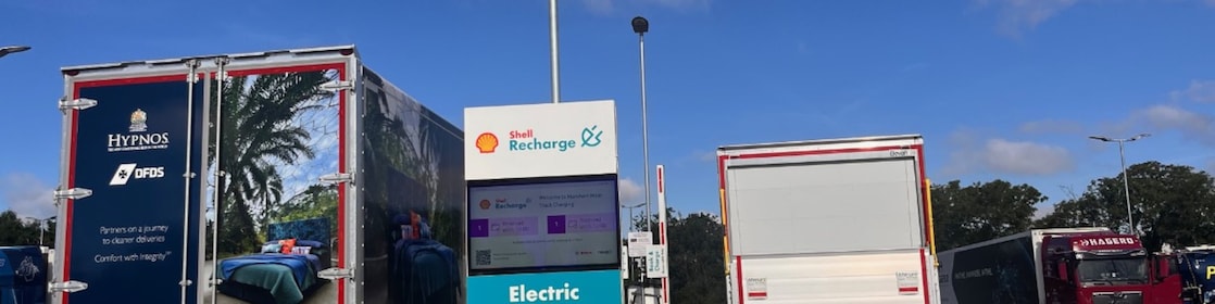 Trucks parked charging at Markham Moor Truck Stop