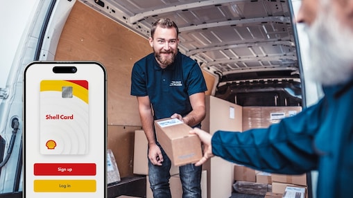 Delivery worker inside van handing parcel to customer, with smartphone screen overlay showing Shell Card app login interface.