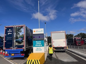 Trucks parked charging at Markham Moor Truck Stop