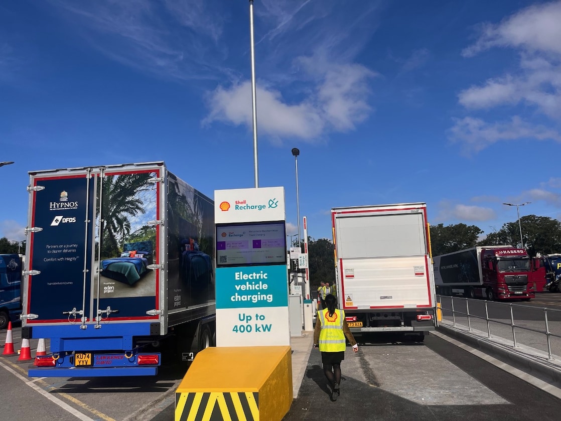 Trucks parked charging at Markham Moor Truck Stop