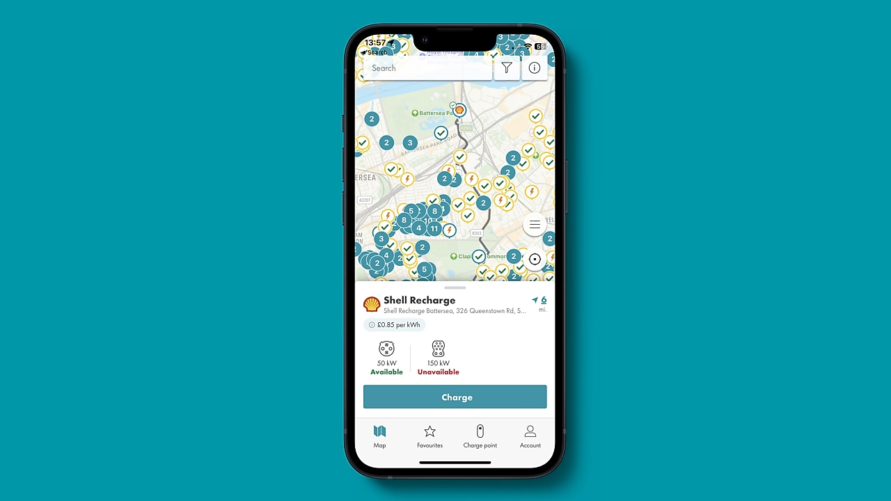 Sceen of Shell Recharge app displaying charge points on a map