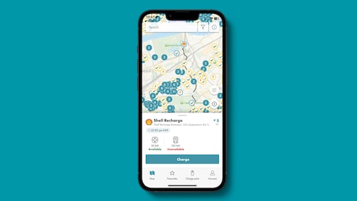 Sceen of Shell Recharge app displaying charge points on a map
