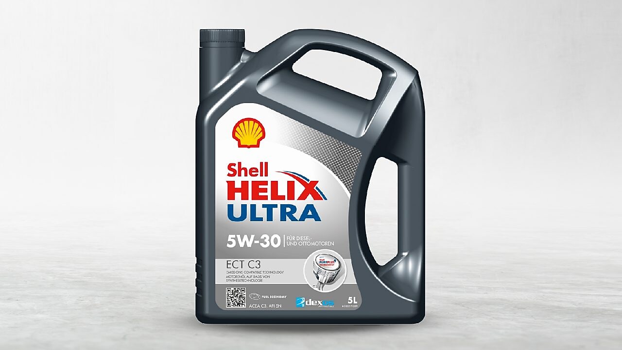 This is an image of the Shell Helix Ultra ECT C3 5W-30, 5 litre lubricant container
