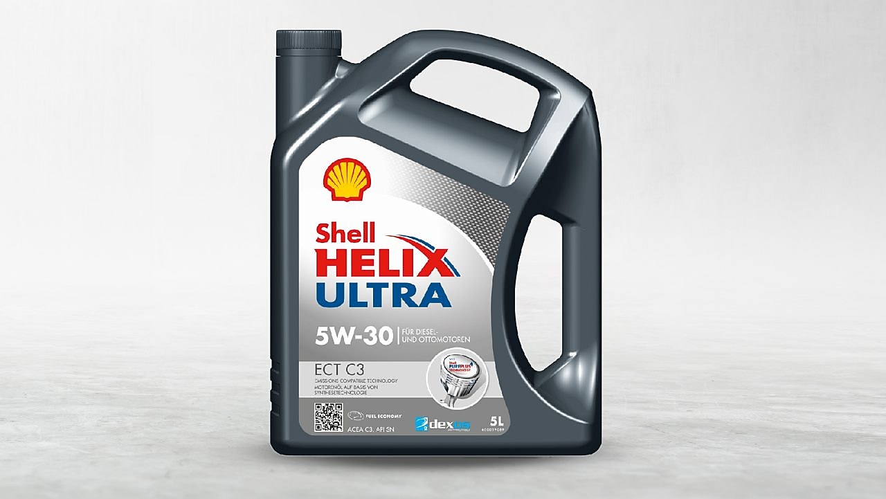This is an image of the Shell Helix Ultra ECT C3 5W-30, 5 litre lubricant container