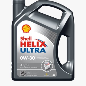 This is an image of the Shell Helix Ultra 5W 30, 4L engine oil container