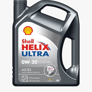 This is an image of the Shell Helix Ultra 5W 30, 4L engine oil container