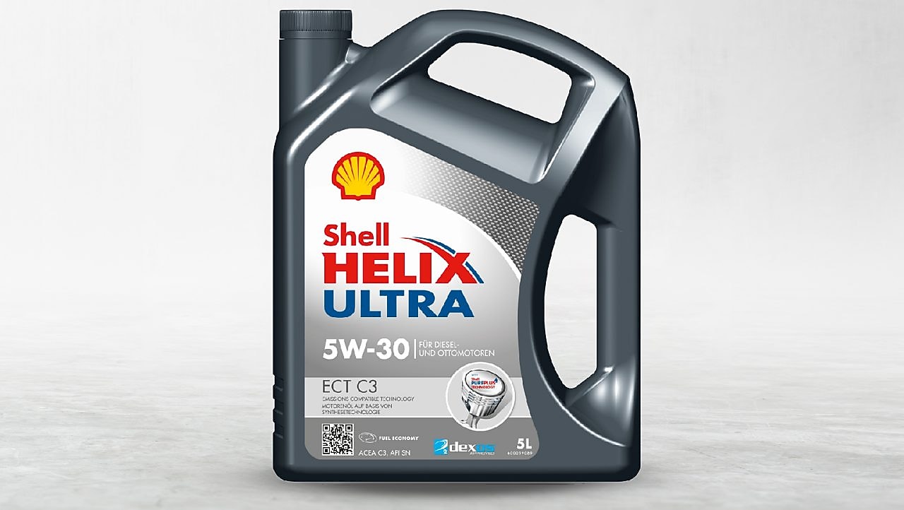 This is an image of the Shell Helix Ultra ECT C3 5W-30, 5 litre lubricant container