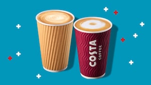 Tile showing Costa Express cup and generic coffee cup on a light blue background with white and red plus sign confetti.