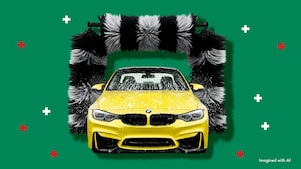 A bright yellow car covered in soap foam passes through an automated car‑wash machine with large black‑and‑white rotating brushes, set against a green background with small red and white graphic plus symbols.