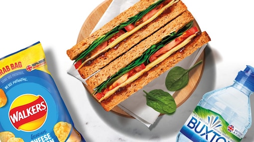 Meal deal of a sandwich, water bottle and crisps packet