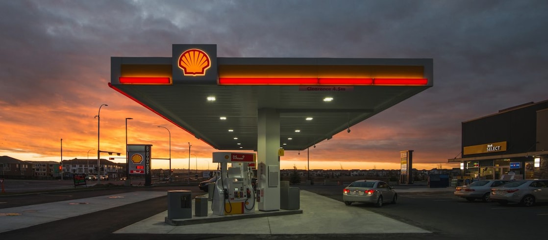A Shell station during sunset