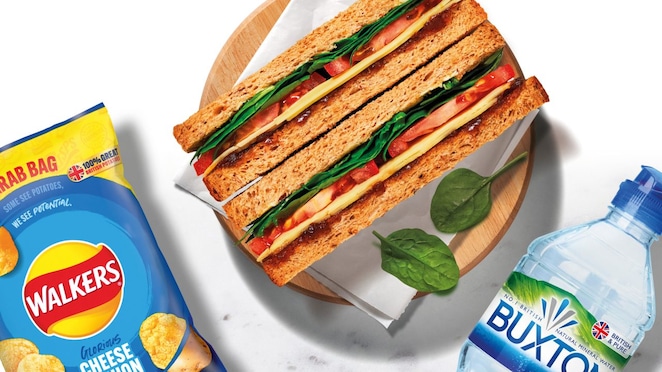 Meal deal of a sandwich, water bottle and crisps packet