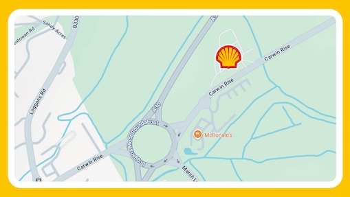 Image shows a map of where the Shell service station is located on Carwin Rise, Hayle, near to Loggans Moor Roundabout, Cornwall, TR27 5DG.