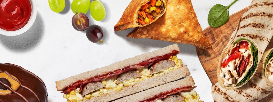 A collection of food items showcasing the deli by Shell festive roll, turkey feast sandwich and Costa’s Festive drinks exclusive to Shell.
