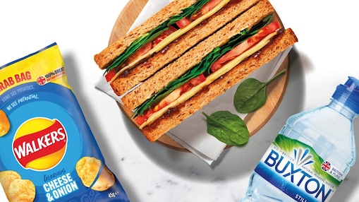 Meal deal of a sandwich, water bottle and crisps packet